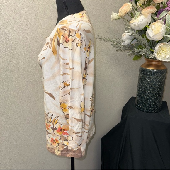 Alfred Dunner Floral Top Beige Brown 3/4 Sleeve Embellished Blouse - Picture 3 of 9